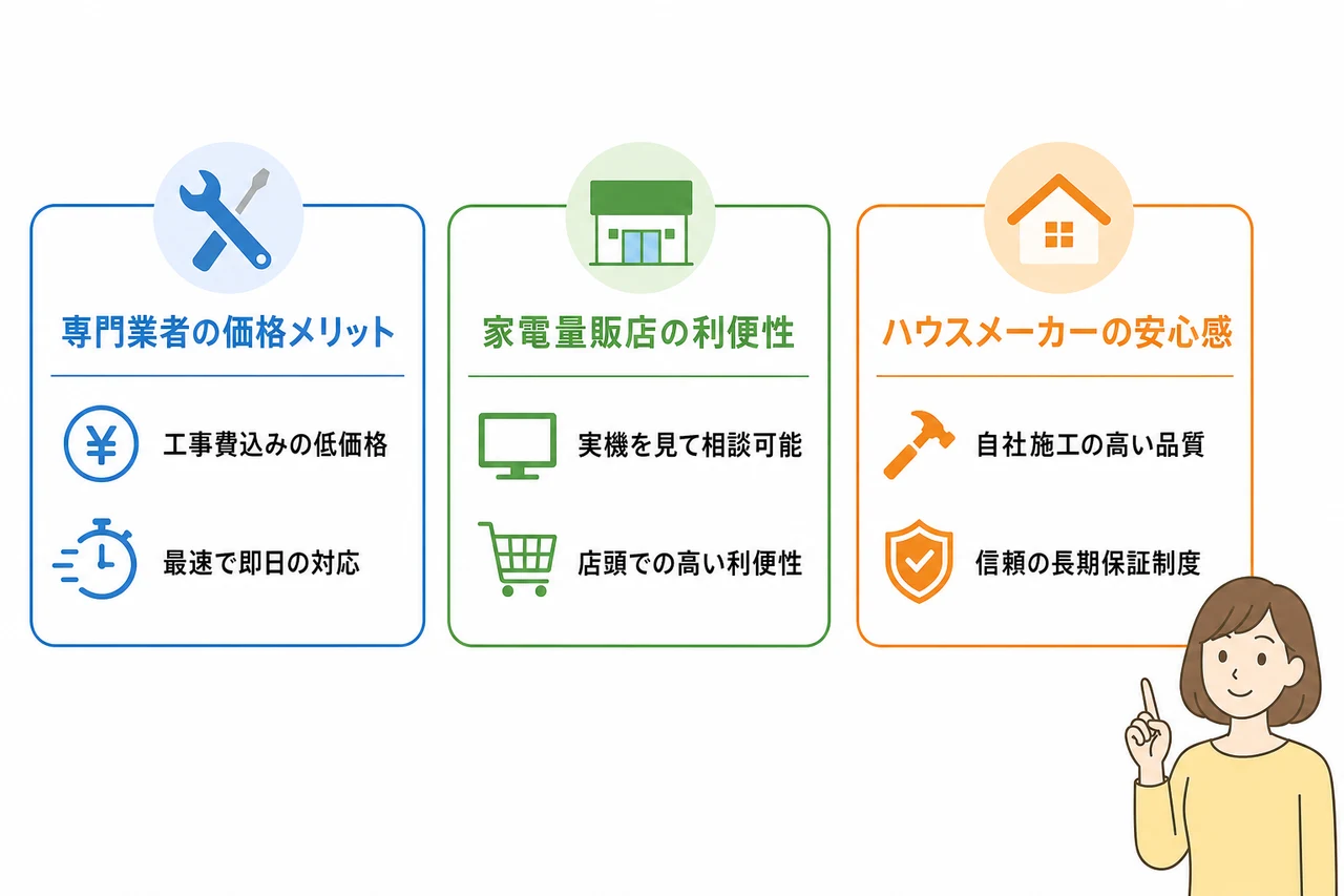 業者選びの比較：専門業者 vs 量販店 vs ハウスメーカー