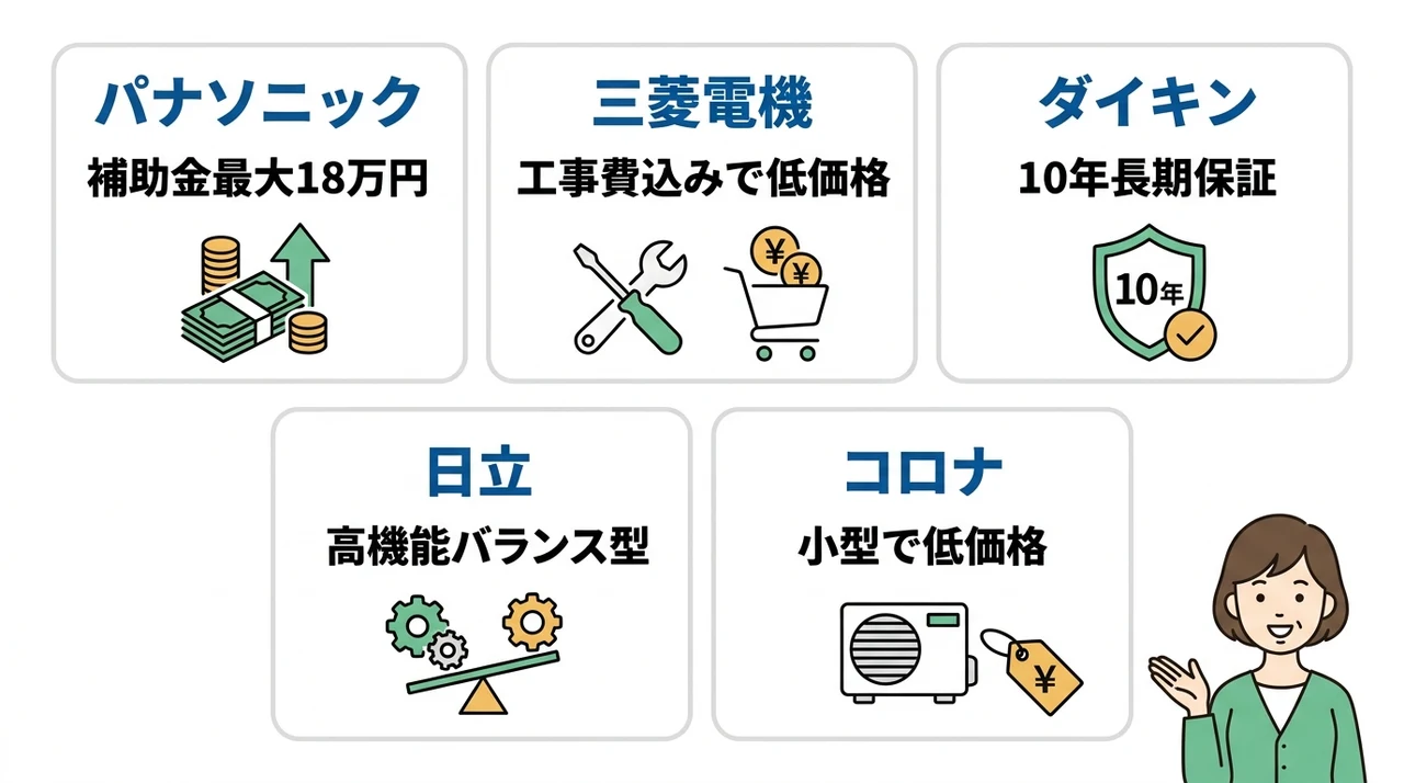 主要5メーカーの特徴とコストパフォーマンス比較